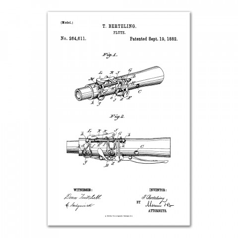 Vintage Flute Sketch Patent 16x24 Canvas Wall Art