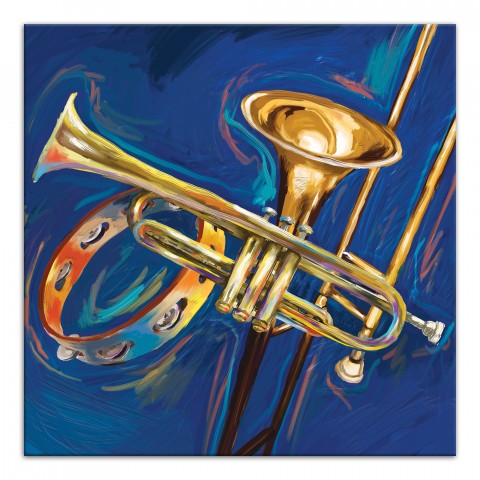 Trumpet Trombone and Tambourine Painting 16x16 Canvas Wall Art