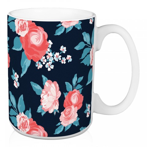 Coral and Navy Floral Pattern 15 oz Mug