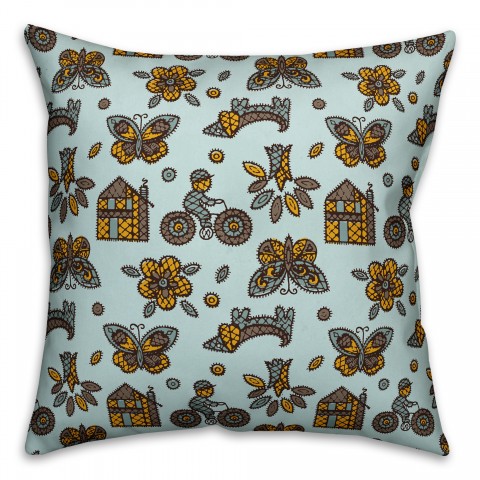 Kids Whimsical Folk Pattern in Blue Pillow Cover
