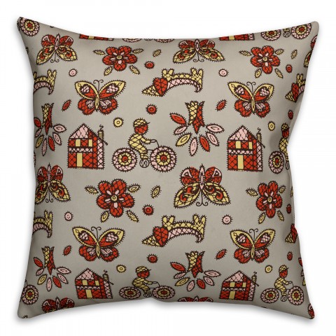 Kids Whimsical Folk Pattern in Red Pillow