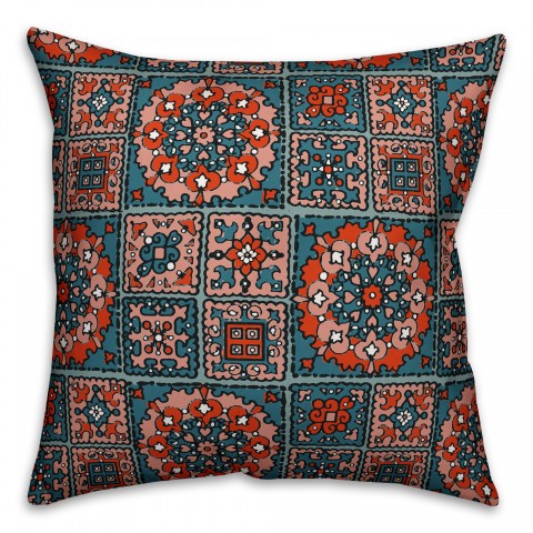 Patchwork Mandala in Blue and Red Pillow