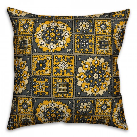 Patchwork Mandala in Yellow and Gray Pillow