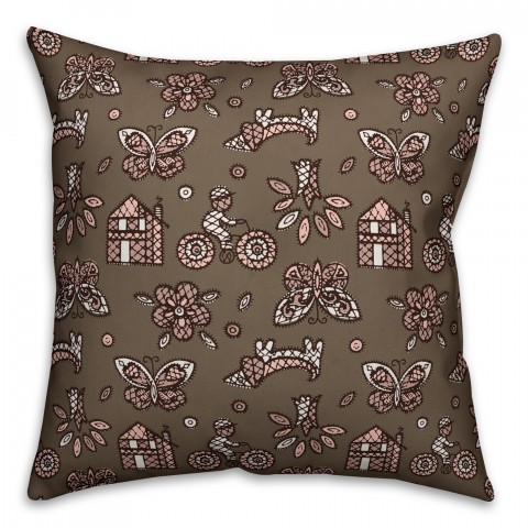 Kids Whimsical Folk Pattern in Pink Pillow