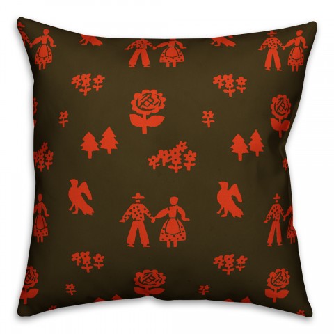 Folk Forest Motif in Red Pillow