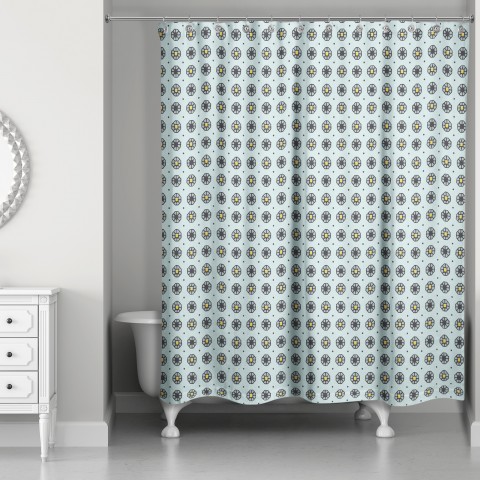 Pixel Floral Pattern in Blue 71x74 Shower Curtain