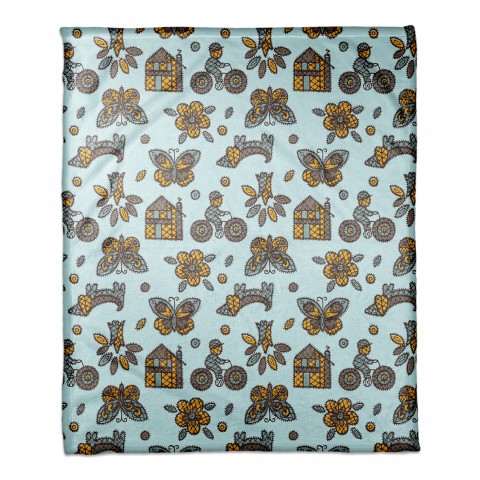 Kids Whimsical Folk Pattern in Blue 50x60 Coral Fleece Blanket