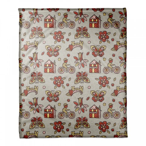 Kids Whimsical Folk Pattern in Red 50x60 Coral Fleece Blanket