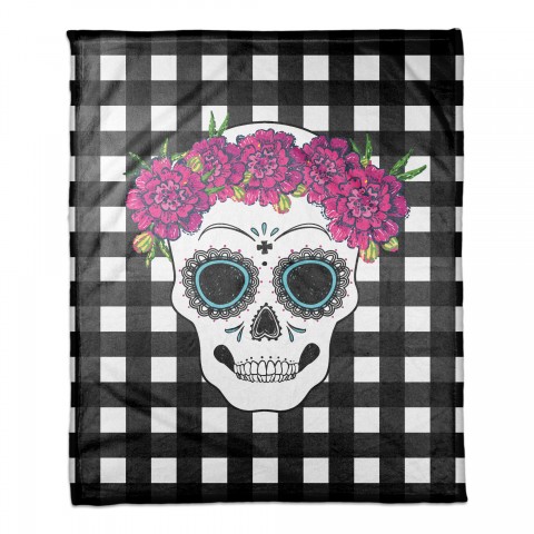 Sugar Skull Buffalo Check 50x60 Coral Fleece Blanket