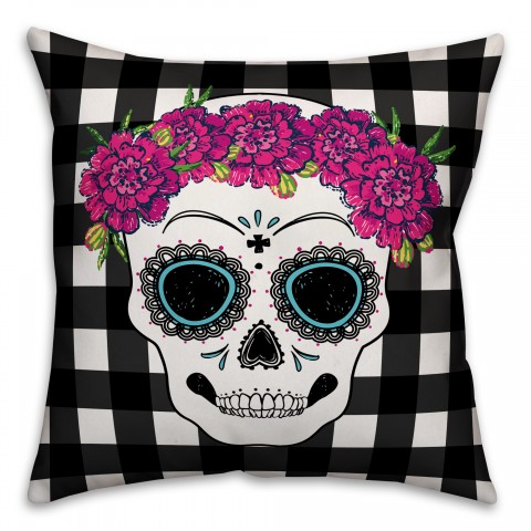 Sugar Skull Buffalo Check 18x18 Spun Poly Pillow