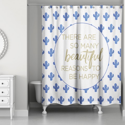 Reasons to Be Happy Blue Cactus Pattern 71x74 Shower Curtain