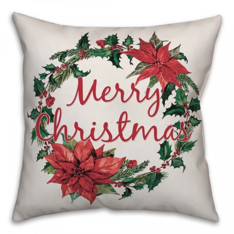 Merry Christmas Poinsettia Wreath 18x18 Spun Poly Pillow