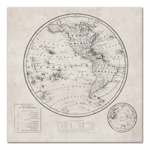 Round World Map Distressed 16x16 Canvas Wall Art