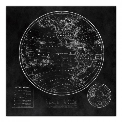 Round World Map Black 16x16 Canvas Wall Art