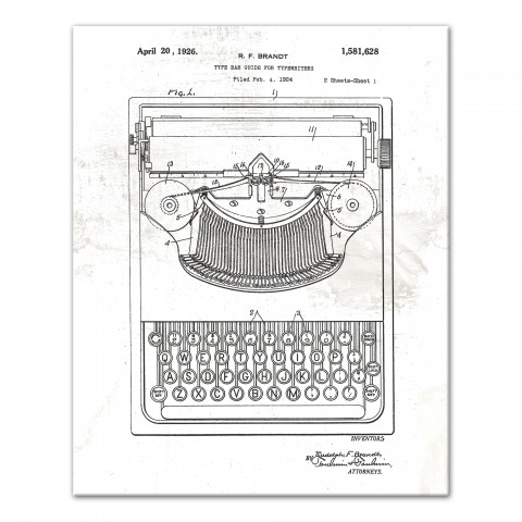 Typewriter Patent on Distressed White 16x20 Canvas Wall Art