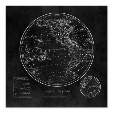 Round World Map Black 24x24 Canvas Wall Art