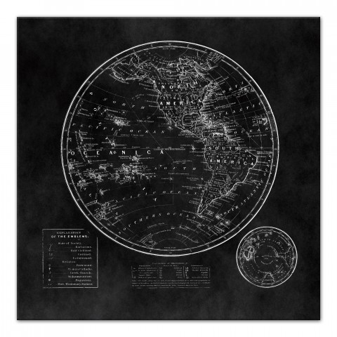 Round World Map Black 30x30 Canvas Wall Art