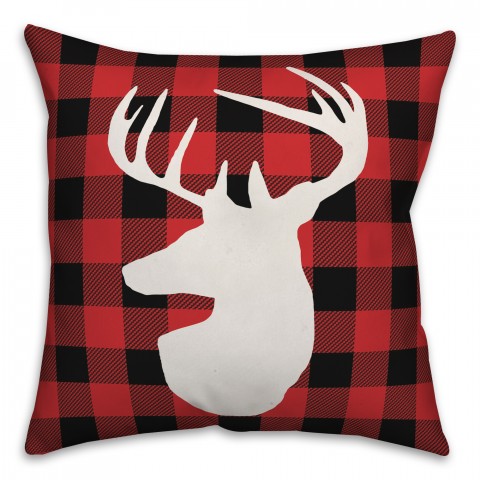 Deer Head on Red Black Buffalo Plaid 18x18 Spun Poly Pillow