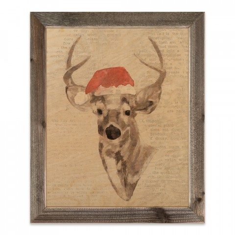Gray Deer with a Santa Hat 20x16 Framed Pallet Wood Art