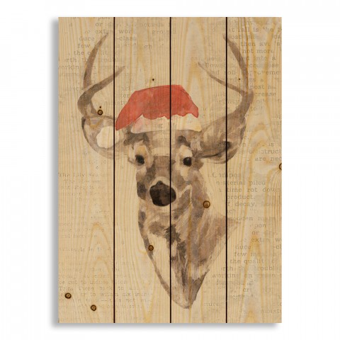 Gray Deer with a Santa Hat 14x20 Pallet Wood Art