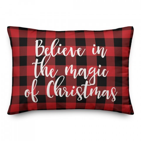 Believe In The Magic Of Christmas in Buffalo Check Plaid 14x20 Spun Poly Pillow