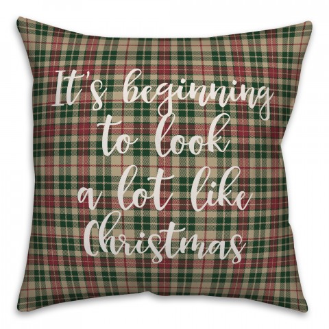 It's Beginning To Look A Lot Like Christmas in Tartan Plaid 18x18 Spun Poly Pillow