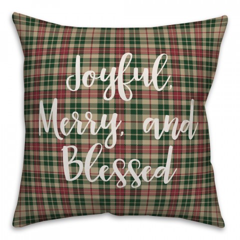 Joyful, Merry & Blessed in Tartan Plaid 18x18 Spun Poly Pillow