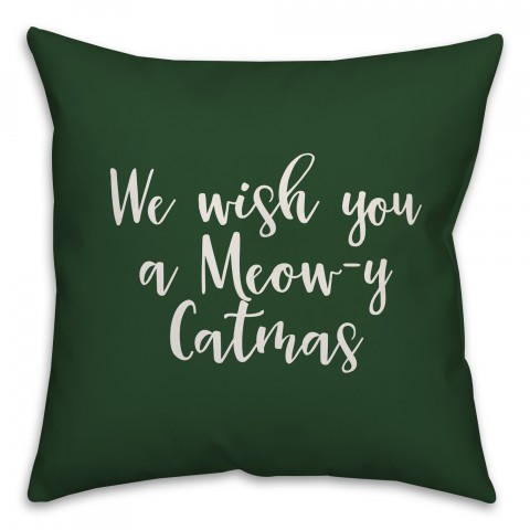 We Wish You A Meowy Catmas in Dark Green 18x18 Spun Poly Pillow
