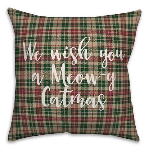 We Wish You A Meowy Catmas in Tartan Plaid 18x18 Spun Poly Pillow