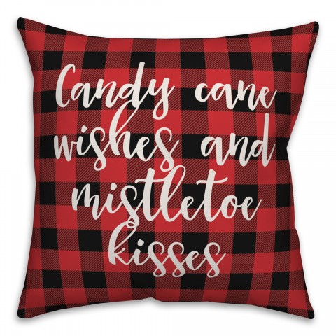 Candy Cane Kisses And Mistletoe Kisses in Buffalo Check Plaid 18x18 Spun Poly Pillow