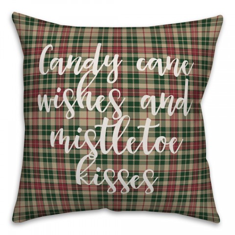 Candy Cane Kisses And Mistletoe Kisses in Tartan Plaid 18x18 Spun Poly Pillow