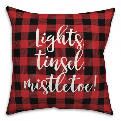 Lights, Tinsel, Mistletoe in Buffalo Check Plaid 18x18 Spun Poly Pillow