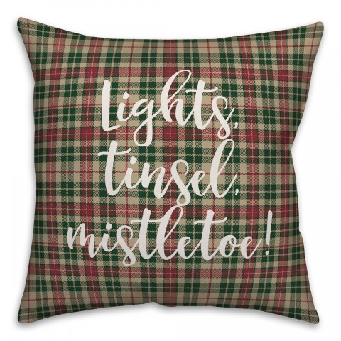 Lights, Tinsel, Mistletoe in Tartan Plaid 18x18 Spun Poly Pillow