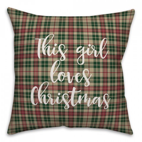 This Girl Loves Christmas in Tartan Plaid 18x18 Spun Poly Pillow