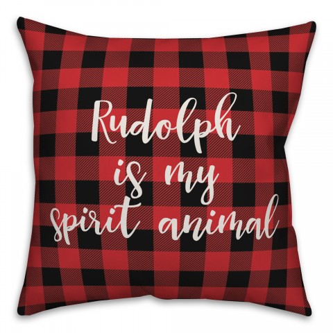 Rudolph Is My Spririt Animal in Buffalo Check Plaid 18x18 Spun Poly Pillow