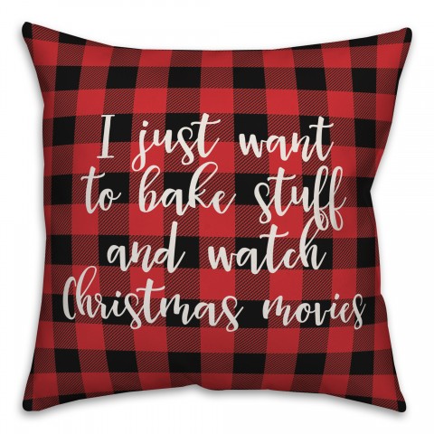 Bake Stuff And Watch Christmas Movies in Buffalo Check Plaid 18x18 Spun Poly Pillow Cover