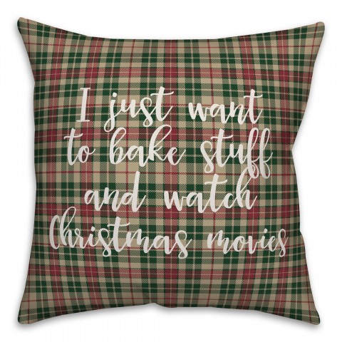 Bake Stuff And Watch Christmas Movies in Tartan Plaid 18x18 Spun Poly Pillow Cover
