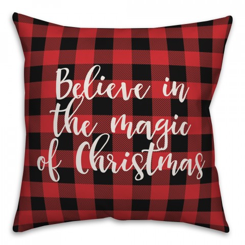 Believe In The Magic Of Christmas in Buffalo Check Plaid 18x18 Spun Poly Pillow Cover