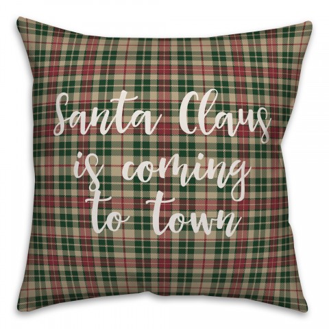 Santa Claus Is Coming To Town in Tartan Plaid 18x18 Spun Poly Pillow Cover