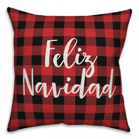 Feliz Navidad in Buffalo Check Plaid 18x18 Spun Poly Pillow Cover