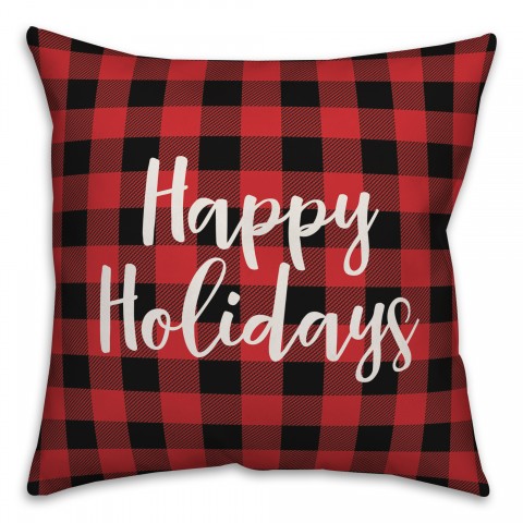 Happy Holidays in Buffalo Check Plaid 18x18 Spun Poly Pillow Cover