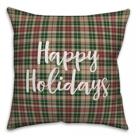 Happy Holidays in Tartan Plaid 18x18 Spun Poly Pillow Cover