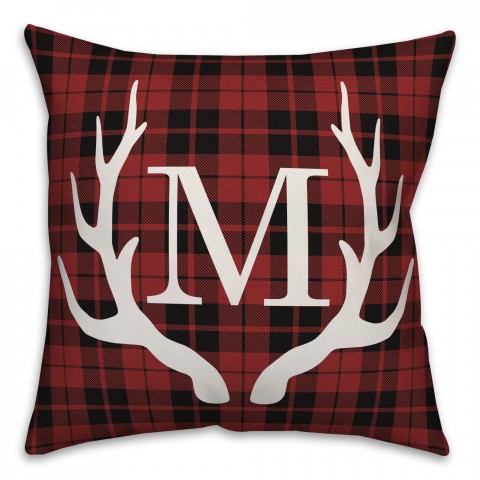 Red Plaid Deer Antlers Monogram 18x18 Personalized Indoor / Outdoor Pillow