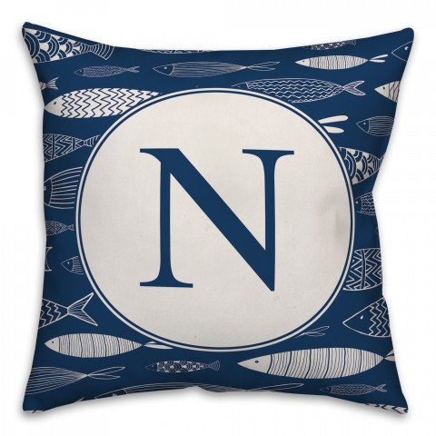 Blue Fish Pattern Monogram 18x18 Personalized Indoor / Outdoor Pillow