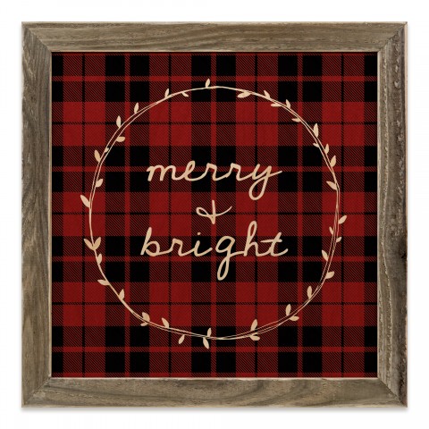 Merry and Bright Script Plaid 12x12 Framed Wood Print
