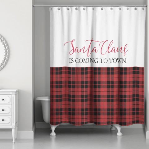 Santa Claus is Coming to Town Red and Black Plaid 71x74 Shower Curtain