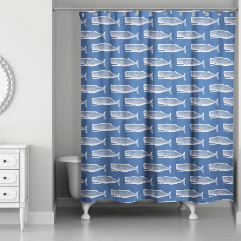 Navy Whale Pattern 71x74 Shower Curtain