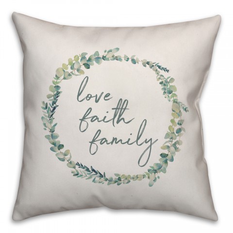 Love Faith Family Eucalyptus Wreath Pillow