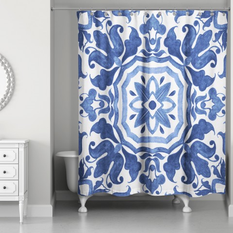 Blue Damask Tile 71x74 Shower Curtain
