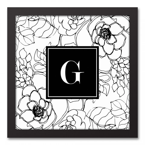 Black Sketched Floral Monogram 12x12 Personalized Black Framed Canvas